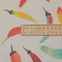 Load image into Gallery viewer, Close up flat lay of 100% Linen, Chillies, ruler included for scale - for sale at Minerva's Bower