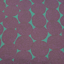 Load image into Gallery viewer, Pattern of purple circles on a teal cotton /linen fabric background. Made in Japan. Available at Minerva's Bower