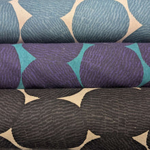 Load image into Gallery viewer, Pattern of purple circles on a teal cotton /linen fabric background. Made in Japan. Available at Minerva's Bower. Three colourways shown