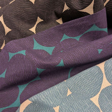 Load image into Gallery viewer, Pattern of purple circles on a teal cotton /linen fabric background. Made in Japan. Available at Minerva's Bower. Three colourways shown