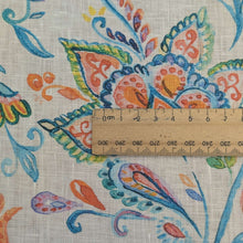 Load image into Gallery viewer, Close up Flat lay of 100% Linen, Floral Paisley, for sale at MInerva's Bower, ruler included for scale
