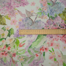 Load image into Gallery viewer, Flat lay of 100% Linen, Lilac_Blooms, ruler included for scale - for sale at Minerva's Bower