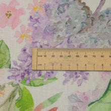 Load image into Gallery viewer, Close up flat lay of 100% Linen, Lilac_Blooms, ruler included for scale - for sale at Minerva's Bower
