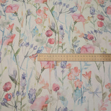 Load image into Gallery viewer, Flat lay of 100% Linen, Watercolour Floral, ruler included for scale - for sale at Minerva's Bower