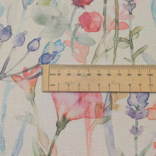 Load image into Gallery viewer, Close up flat lay of 100% Linen,  Watercolour Floral, ruler included for scale - for sale at Minerva's Bower