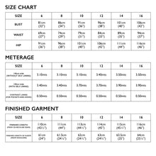 Load image into Gallery viewer, Size Chart for Tessuti Patterns Melbourne Trench Coat paper pattern for sale at Minerva&#39;s Bower