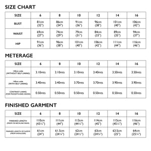 Size Chart for Tessuti Patterns Melbourne Trench Coat paper pattern for sale at Minerva's Bower