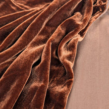 Load image into Gallery viewer, Flat lay of Mae Silk Velvet, Chocolate. Available at Minerva's Bower. Fabric draped to show how it handles