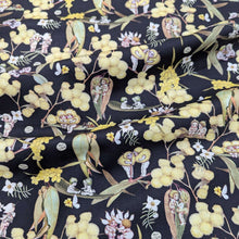 Load image into Gallery viewer, Flat drape of 100% Cotton, May Gibbs - Gumnut Gossiping in Black, for sale at Minerva&#39;s Bower