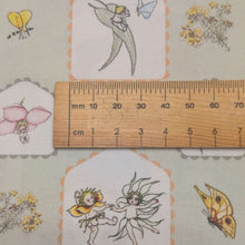 Load image into Gallery viewer, Close up of 100% Cotton, May Gibbs, Garden Playtime in Sage, ruler included for scale - for sale at Minerva's Bower