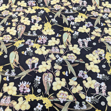 Load image into Gallery viewer, Flat lay of 100% Cotton, May Gibbs - Gumnut Gossiping in Black, for sale at Minerva&#39;s Bower