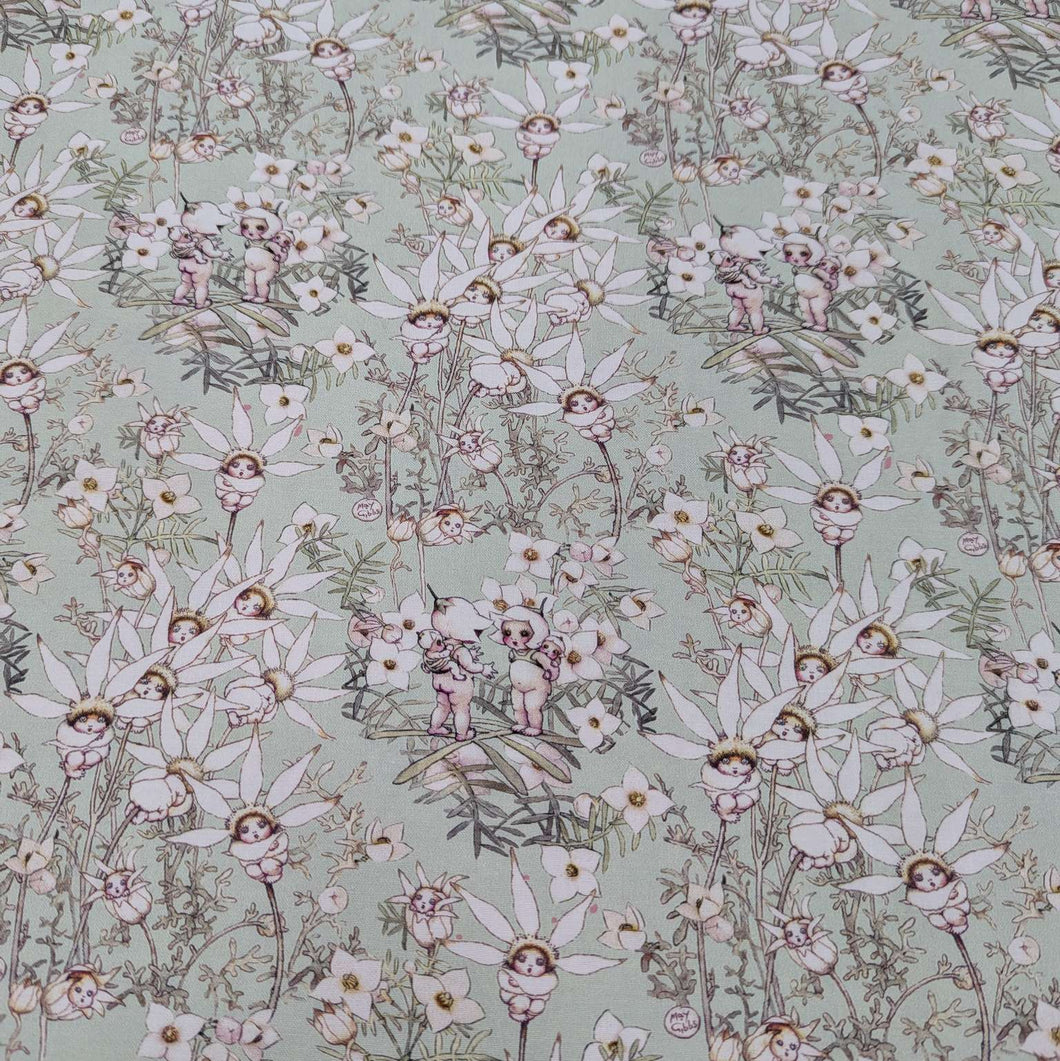 Flat lay of 100% Cotton, May Gibbs - Pastel Flowers Mint, for sale at Minerva's Bower