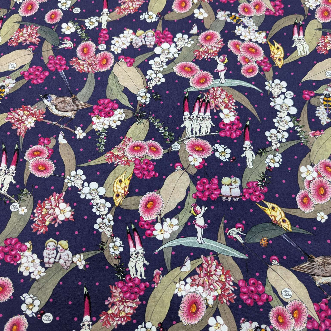 Flat lay of 100% Cotton, May Gibbs - Native Berries in Navy, for sale at Minerva's Bower