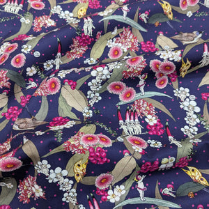 Flat drape of 100% Cotton, May Gibbs - Native Berries in Navy, for sale at Minerva's Bower