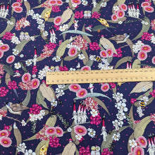 Load image into Gallery viewer, Flat lay of 100% Cotton, May Gibbs - Native Berries in Navy, for sale at Minerva&#39;s Bower, ruler included for scale