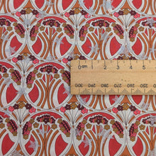 Load image into Gallery viewer, Close up flat lay of Liberty 100% cotton Tana Lawn Metallic Mauverina Star, ruler included for scale, for sale at Minerva&#39;s Bower