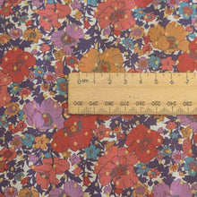 Load image into Gallery viewer, Close up flat lay of Liberty 100% Cotton Tana Lawn, Metallic Meadow Song for sale at Minerva's Bower, ruler included for scale