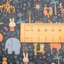 Load image into Gallery viewer, Close up flat lay of Liberty 100% Cotton Tana Lawn, Miffy Zoology_E, ruler included for scale - for sale at MInerva's Bower