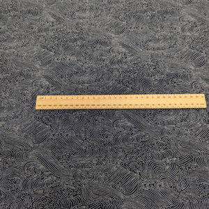 Japanese 100% cotton indigo Fabric with wave pattern for sale at Minerva's Bower, and ruler for scale