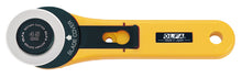 Load image into Gallery viewer, OLFA rotary cutter with yellow handle and black wheel on a white background, available at Minerva's Bower