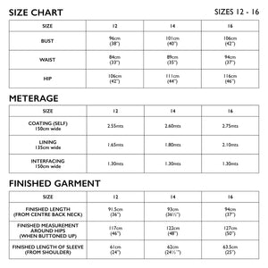 Size Chart 12-16 Tessuti Patterns Oslo Coat paper pattern available at Minerva's Bower