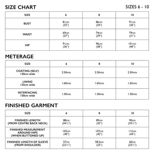 Size Chart 6 - 10 for Tessuti Patterns Oslo Coat paper pattern available at Minerva's Bower