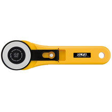 Load image into Gallery viewer, OLFA RTY-2/G 45mm Rotary Cutter with a yellow handle and black accents, featuring a straight blade and a guard., available at Minerva's Bower