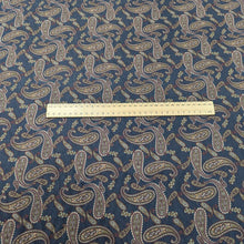 Load image into Gallery viewer, Patterned lyocell fabric with paisley design on a French Navy base, with a ruler for scale, for sale at Minerva&#39;s Bower