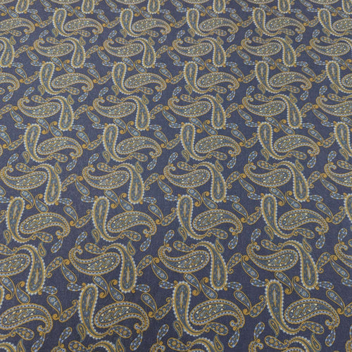 Patterned lyocell fabric with paisley design and a blue base, for sale at Minerva's Bower
