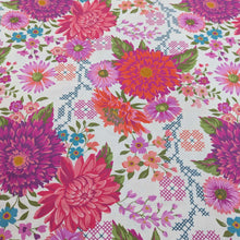 Load image into Gallery viewer, 100% cotton by moda with Colourful floral pattern with pink, purple, and green flowers on a cream background