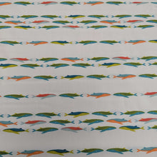 Load image into Gallery viewer, Art gallery fabric with a Pattern of colourful whales on a cream base, for sale at Minerva&#39;s Bower 