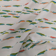 Load image into Gallery viewer, Drape of Art gallery fabric with a Pattern of colourful whales on a cream base, for sale at Minerva&#39;s Bower 