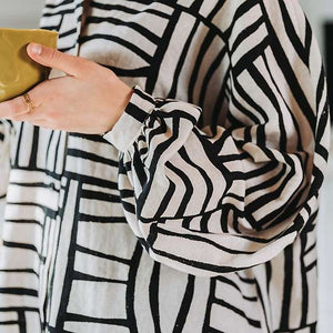 Close up of shirt made in See You At Six Linen Viscose, Permacube, fabric for sale at Minerva's Bower