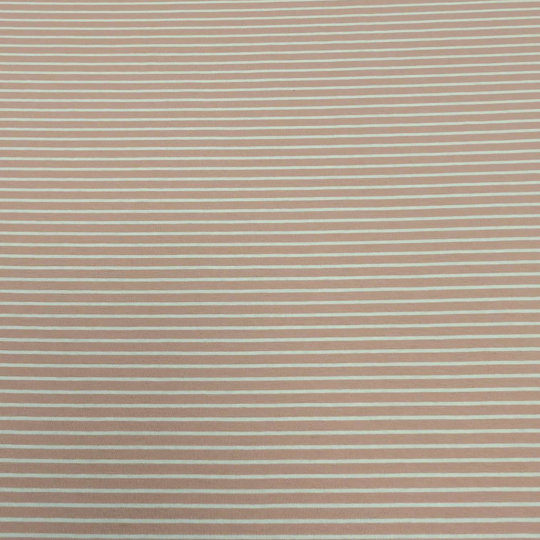 Whistle Jersey in Petal, stretch cotton jersey in pink with fine white stripe, for sale at Minerva's Bower