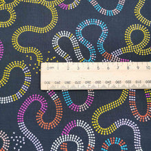 Load image into Gallery viewer, close up of 100% Cotton, Pivot on Black by Ruby Star Society , ruler included for scale, for sale at Minerva&#39;s Bower