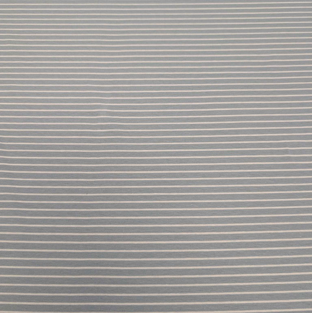 Whistle Jersey in Powder, stretch cotton jersey in blue with fine white stripe, for sale at Minerva's Bower