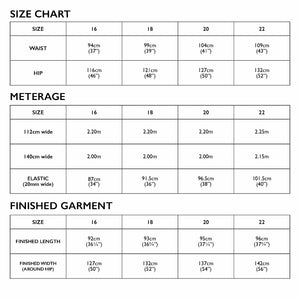 Extended size chart for Tessuti Patterns Robbie Pants paper pants for sale at Minerva's Bower