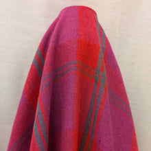 Load image into Gallery viewer, Flat lay of linen cotton Raspberry Plaid in red, pink and purple. Available at Minerva&#39;s Bower. Fabric draped to show how it handles