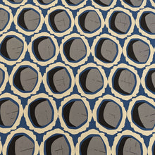 Load image into Gallery viewer, Rayon with circular grey and black shapes and blue and cream accents, for sale at Minerva&#39;s Bower