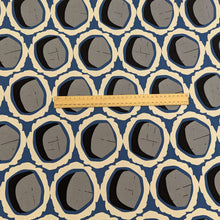 Load image into Gallery viewer, Rayon with circular grey and black shapes and blue and cream accents, for sale at Minerva&#39;s Bower, ruler included for scale