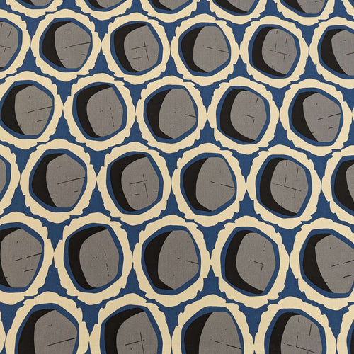 Rayon with circular grey and black shapes and blue and cream accents, for sale at Minerva's Bower