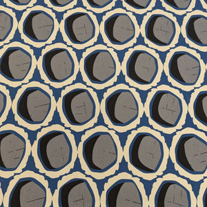 Rayon with circular grey and black shapes and blue and cream accents, for sale at Minerva's Bower