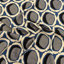 Load image into Gallery viewer, Drape of Rayon with circular grey and black shapes and blue and cream accents, for sale at Minerva&#39;s Bower, ruler included for scale