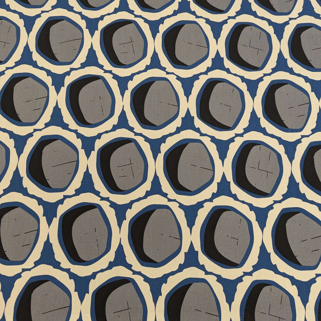Rayon with circular grey and black shapes and blue and cream accents, for sale at Minerva's Bower