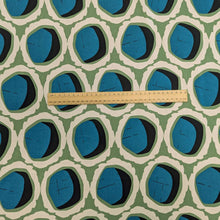 Load image into Gallery viewer, Rayon with circular teal and black shapes and green and cream accents, for sale at Minerva&#39;s Bower, ruler included for scale