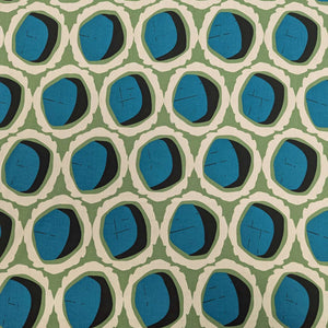 Rayon with circular teal and black shapes and green and cream accents, for sale at MInerva's Bower