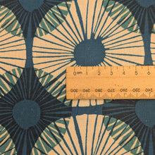Load image into Gallery viewer, Close up flat lay of Premium Ruby Star linen cotton, Reimagined Landscapes - Blue, with a ruler included for scale, for sale at Minerva&#39;s Bower