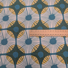 Load image into Gallery viewer, Flat lay of Premium Ruby Star linen cotton, Reimagined Landscapes - Green, with a ruler included for scale, for sale at Minerva&#39;s Bower