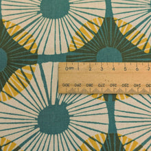 Load image into Gallery viewer, Close up Flat lay of Premium Ruby Star linen cotton, Reimagined Landscapes - Green, with a ruler included for scale, for sale at Minerva&#39;s Bower