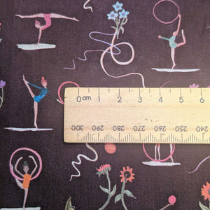 Close up of Liberty 100% cotton Tana Lawn, Ribbon Twirl , ruler included for scale, for sale at Minerva's Bower